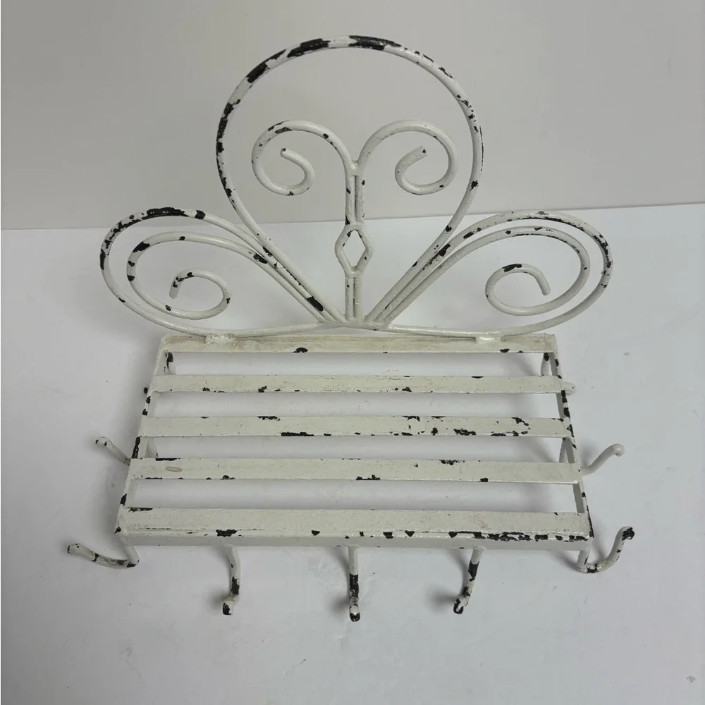 Vintage White Metal Wall Shelf With Cup Hooks